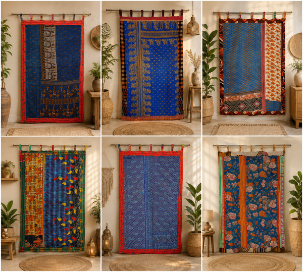 Vintage Kantha blue  Patchwork Curtain, Handmade Recycled Sari Door Curtain, Colorful Boho Window Panel, Indian Cotton Tapestry, Assorted Decor