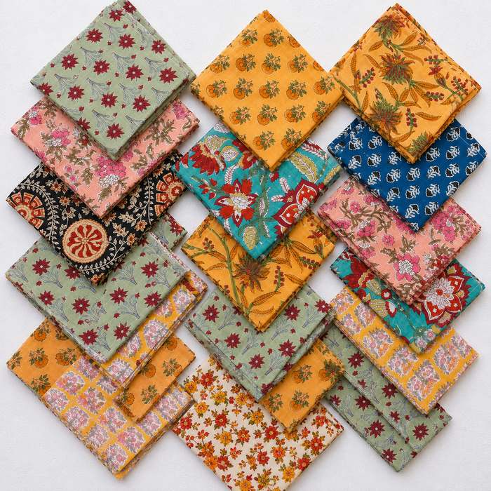 Hand Block Printed Cotton Napkins, Indian Floral Cloth Dinner Napkins 20 Pcs, Reusable Table Napkins, Boho Kitchen Decor, Mixed Assorted Set