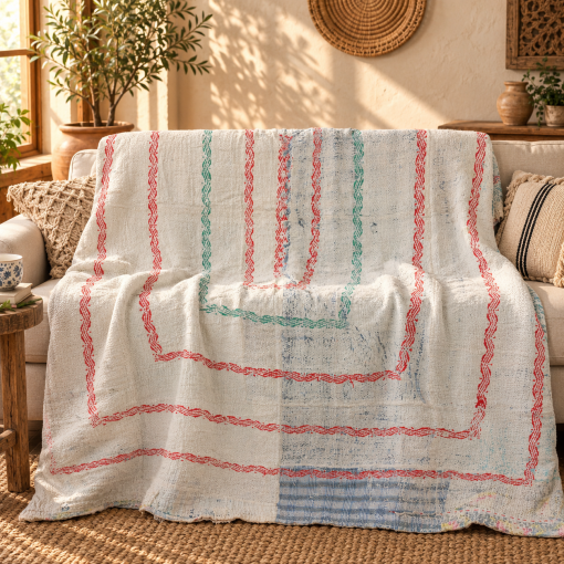 Ivory White Vintage Kantha Quilt Handmade Reversible Cotton Throw Blanket with Multicolor Stripes – 60x80 Inches