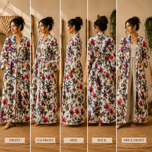 Women's White Cotton Bird & Floral Print Long Kimono Robe | Boho Lightweight Open Front Duster Cardigan with Belt & Pockets