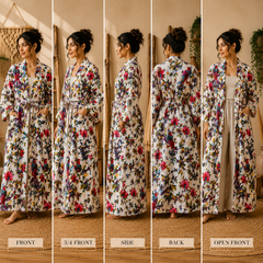 Women's White Cotton Bird & Floral Print Long Kimono Robe | Boho Lightweight Open Front Duster Cardigan with Belt & Pockets