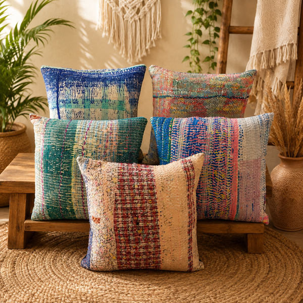 Set Of 5 Pcs Indian Bohemian Kantha Cushion Cover Handmade Antique Throw Pillow