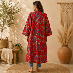 Red Floral Cotton Kimono Cardigan for Women | Long Boho Open Front Robe with Pockets