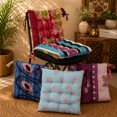 Handmade Kantha Chair Cushion, Cotton Seat Cushion, Quilted Chair Pad, Tie-On Chair Cushion, Boho Floral Cushion, Dining Chair Cushion, Floor Cushion
