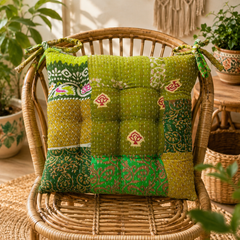Green patchwork Kantha Chair Pad Cushion, Handmade Cotton Seat Cushion with Ties, Quilted Dining Chair Cushion, Boho Chair Pad, Kitchen Chair Seat Pad, Farmhouse Decor