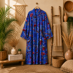 Women's Cotton Blue Floral Bird Print Long Kimono Robe | Boho Lightweight Open Front Cardigan with Pockets