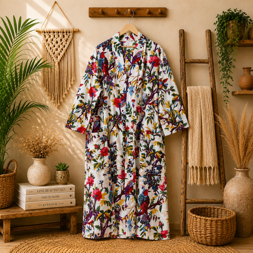 Women's White Cotton Bird & Floral Print Long Kimono Robe | Boho Lightweight Open Front Duster Cardigan with Belt & Pockets