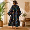 Handmade Cotton Kimono Robe for Women | Navy Blue Boho Long Kimono | Floral Cotton Beach Cover Up | Resort Wear | Free Size