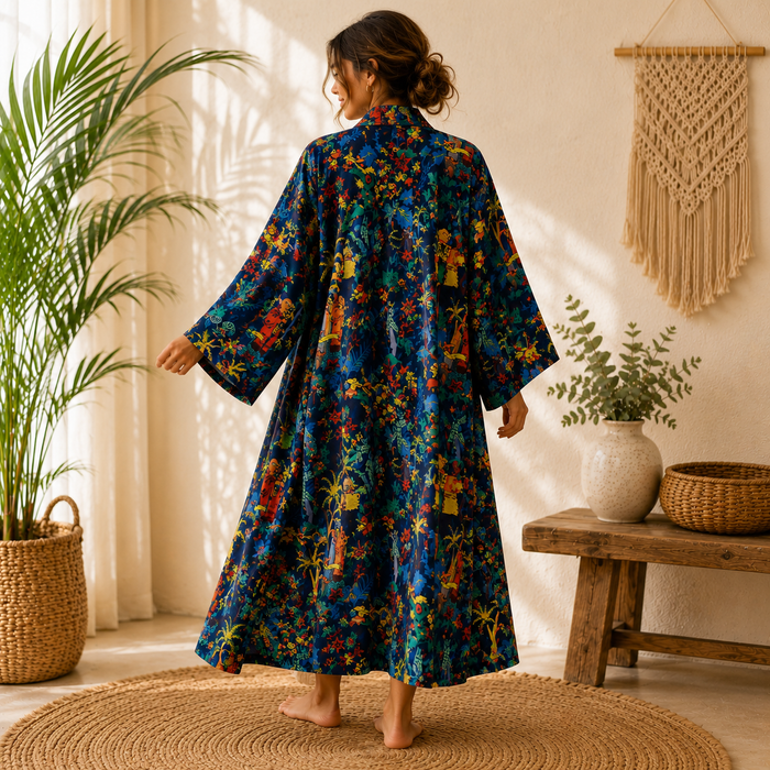 Handmade Cotton Kimono Robe for Women | Navy Blue Boho Long Kimono | Floral Cotton Beach Cover Up | Resort Wear | Free Size