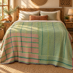 Sage Green Vintage Kantha Quilt Handmade Cotton Throw Blanket with Pink Stripes – 60x75 Inches