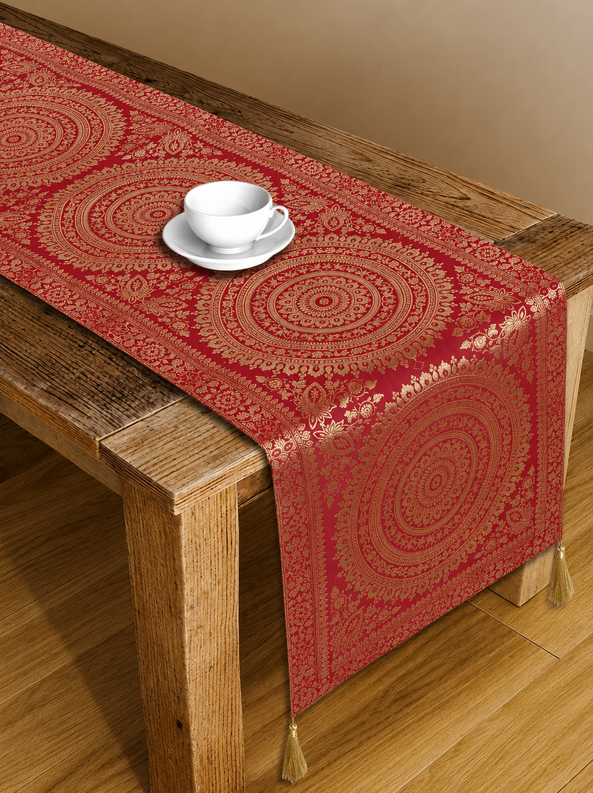 Red Mandala Brocade Silk Table Runner