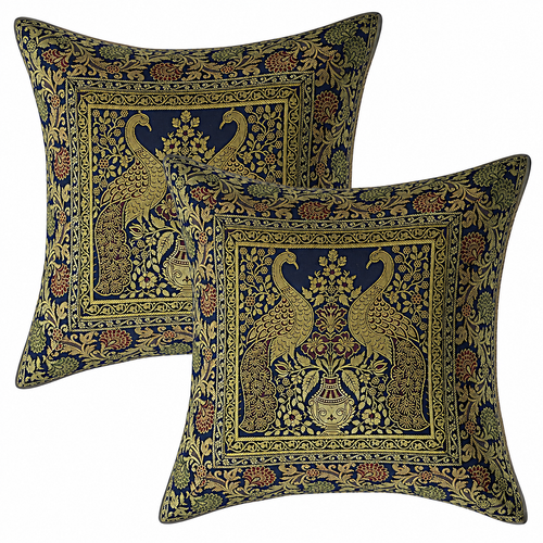 Peacock Black 5 Pcs Square 16x16 Inch Home Decor Silk Cushion Cover