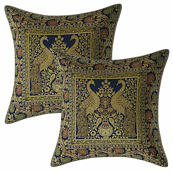 Peacock Black 5 Pcs Square 16x16 Inch Home Decor Silk Cushion Cover