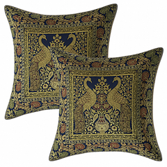 Peacock Black 5 Pcs Square 16x16 Inch Home Decor Silk Cushion Cover