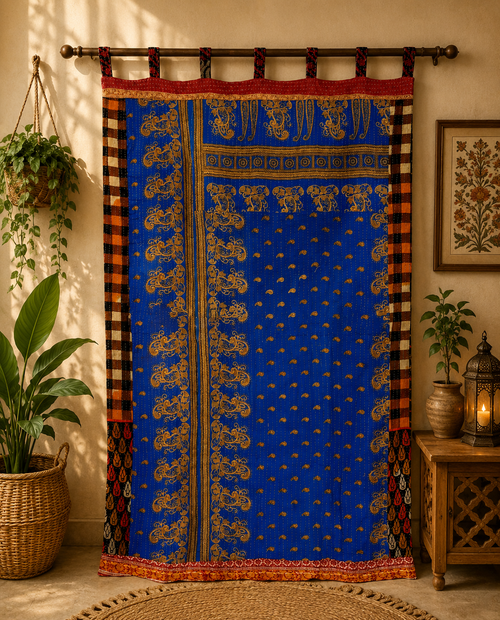 Indian Handmade Kantha Quilted 100% Cotton Fusion Blue Curtain