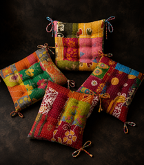 Boho Chic Kantha Chair Patchwork Cushion Handmade Indian Chair Pad Set Of 4 Pcs