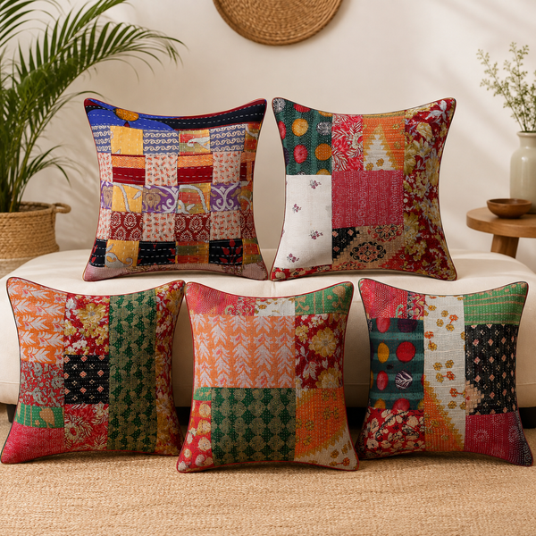 Vintage Kantha Patchwork Pillow Cover 18x18 inches, Handmade Cotton Cushion Case, Boho Indian Throw Pillow, Recycled Sari Home Decor, Assorted Design