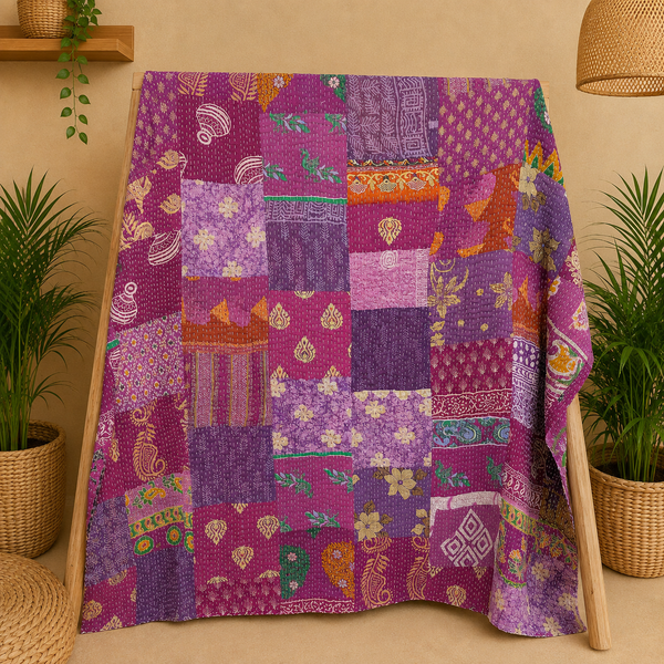 Purple Vintage Kantha Patchwork Quilt, Handmade Indian Sari Cotton Bedspread, Boho Throw Blanket, Reversible Floral Home Decor