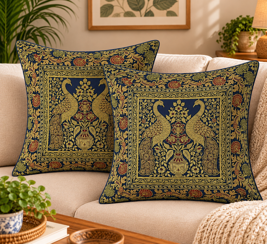 Peacock Black 5 Pcs Square 16x16 Inch Home Decor Silk Cushion Cover