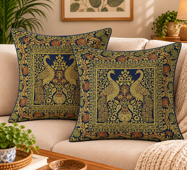 Peacock Black 5 Pcs Square 16x16 Inch Home Decor Silk Cushion Cover