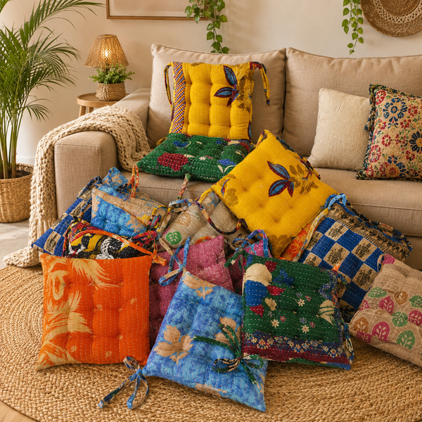 Vintage Kantha Chair Pad, Handmade Cotton Seat Cushion 5 Pcs, Indian Patchwork Chair Cushion, Boho Tufted Floor Pad, Assorted Home Decor