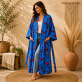 Blue Floral Cotton Kimono Cardigan for Women | Long Boho Open Front Robe with Pockets