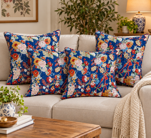 5 Pcs Set Indian Handmade Quilted Blue Cushion Cover 16x16 Inch