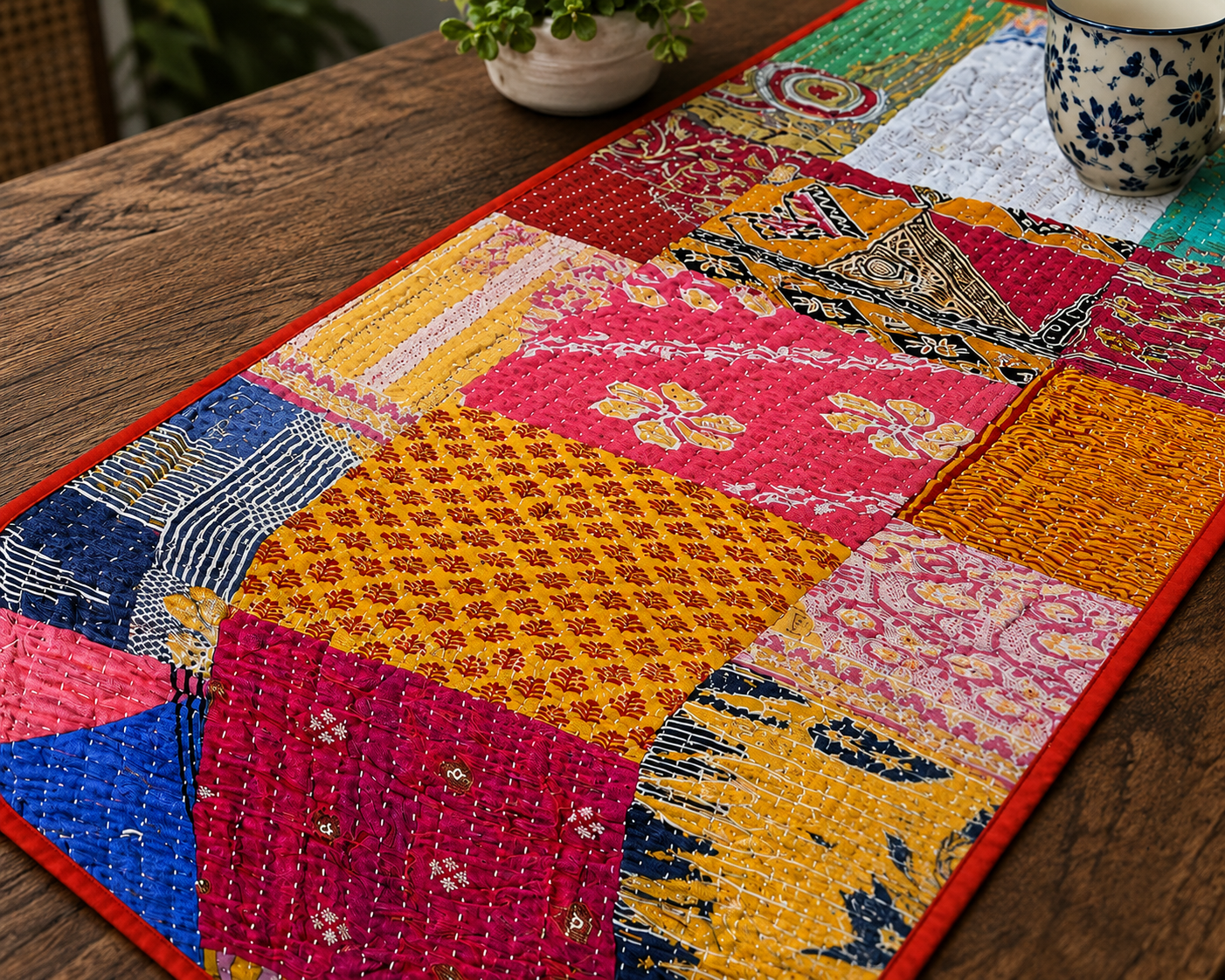 Vintage Kantha Patchwork Table Runner – Handmade Quilted Cotton Dining Table Decor