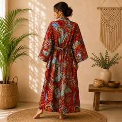 Handmade Red Cotton Kimono Robe for Women | Boho Paisley Floral Long Cardigan | Lightweight Beach Cover Up | Summer Loungewear