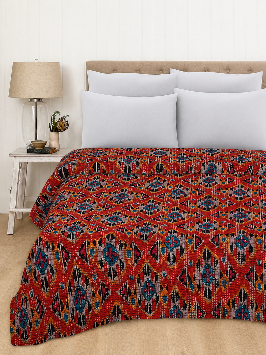 Red Ekat Print Kantha Vintage Boho Throw Blanket