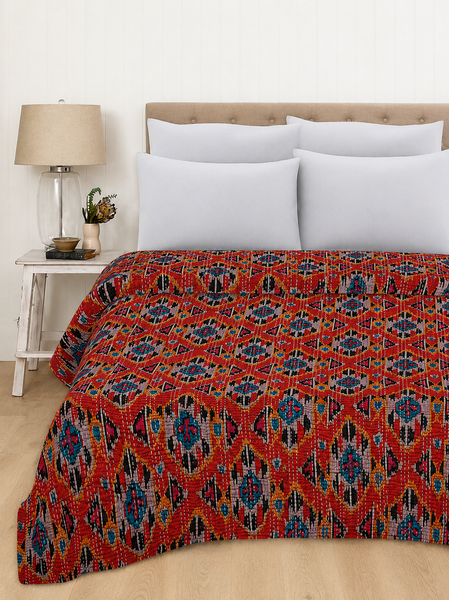 Red Ekat Print Kantha Vintage Boho Throw Blanket