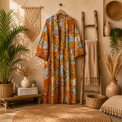 Women's Cotton Mustard Paisley Print Long Kimono Robe | Boho Open Front Lightweight Duster Cardigan with Belt