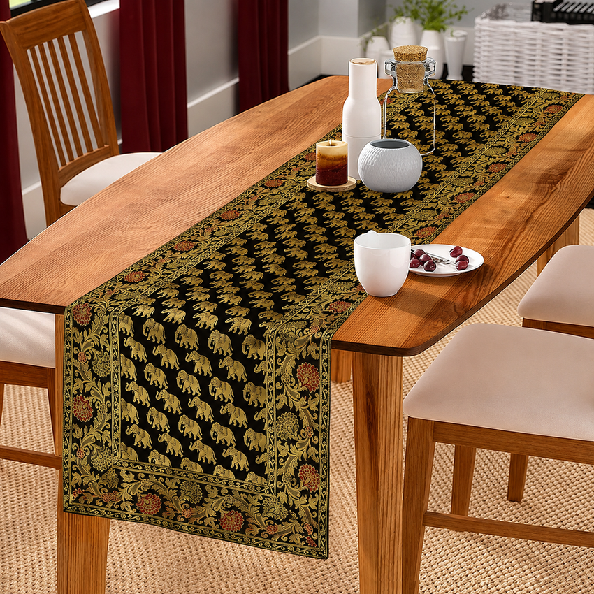 Regal Brocade Gold Accents Elephant Print Black Table Runner