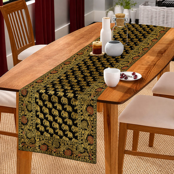 Regal Brocade Gold Accents Elephant Print Black Table Runner