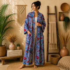 Women's Cotton Bird & Floral Print Long Kimono Robe | Boho Lightweight Open Front Duster Cardigan with Pockets