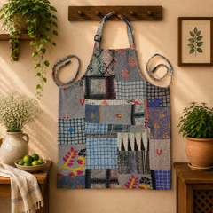 Vintage Kantha Patchwork Apron 1 Pc, Grey Blue Cotton Cooking Apron, Handmade Boho Kitchen Apron, Recycled Sari Apron with Pocket