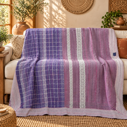Purple & Lavender Vintage Kantha Quilt Handmade Heavy Cotton Reversible Throw Blanket – 50x60 Inches