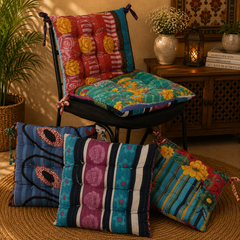 Handmade Kantha Chair Cushion, Cotton Seat Cushion, Quilted Chair Pad, Boho Floor Cushion, Tie-On Chair Cushion, Floral Cotton Cushion, Dining Chair Pad