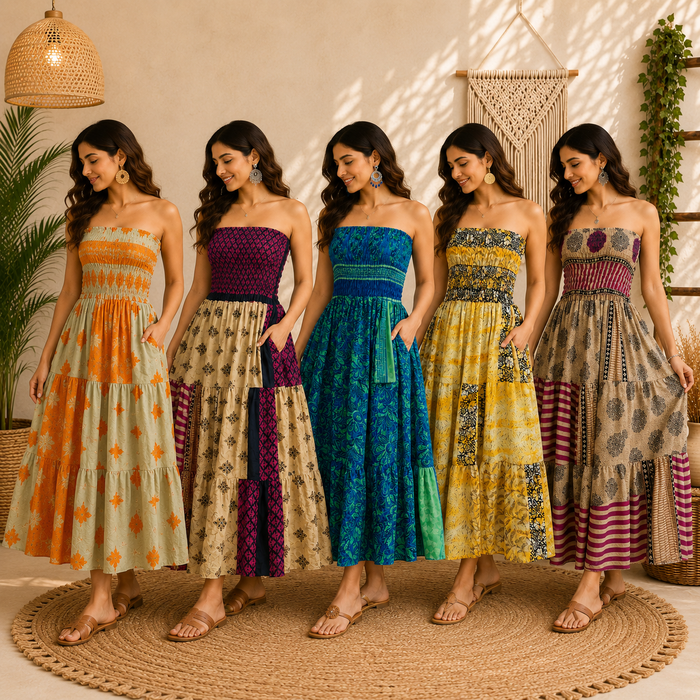 Handmade Cotton Strapless Smocked Maxi Dress for Women | Boho Patchwork Summer Beach Dress with Pockets