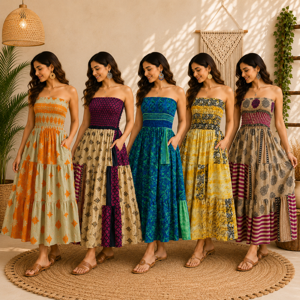 Handmade Cotton Strapless Smocked Maxi Dress for Women | Boho Patchwork Summer Beach Dress with Pockets