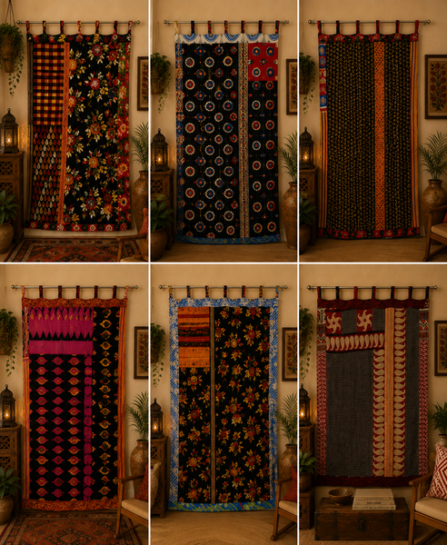 Handmade Kantha Tab Top Curtain, Cotton black Patchwork Window Curtain, Boho Curtain Panel, Vintage Kantha Drapes, Farmhouse Curtain, Mixed Assorted Cotton Curtain