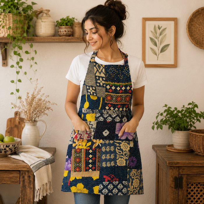 Vintage Kantha Patchwork Apron 1 Pc, Handmade Cotton Boho Cooking Apron, Recycled Sari Kitchen Apron, Indian Quilted Workwear Gift