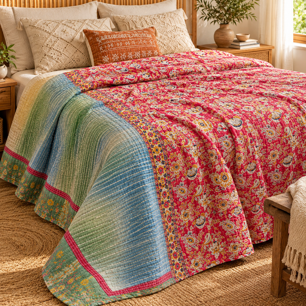 Rose Pink Patchwork Vintage Kantha Quilt – Handmade Reversible Twin Cotton Bedspread & Boho Throw Blanket | EBY-TW-238