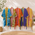 Handmade Vintage Kantha Kimono Robe 1 Pcs, Recycled Cotton Sari Patchwork Jacket, Boho Long Bathrobe with Pockets & Belt, S–2XL