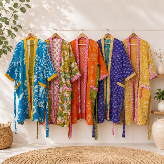 Handmade Vintage Kantha Kimono Robe 1 Pcs, Recycled Cotton Sari Patchwork Jacket, Boho Long Bathrobe with Pockets & Belt, S–2XL