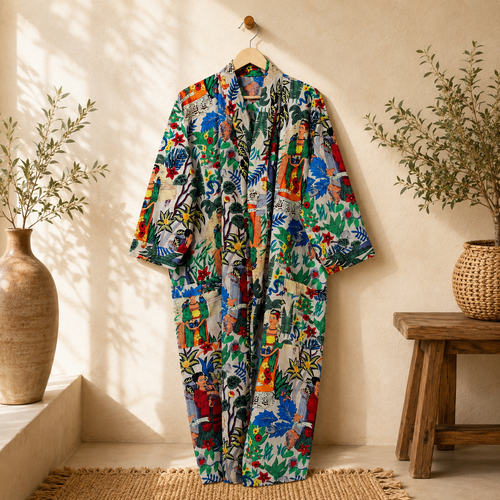 Handmade Cotton Kimono Robe for Women | Boho Long Cotton Kimono | Floral Lightweight Beach Cover Up | Resort Wear | Free Size