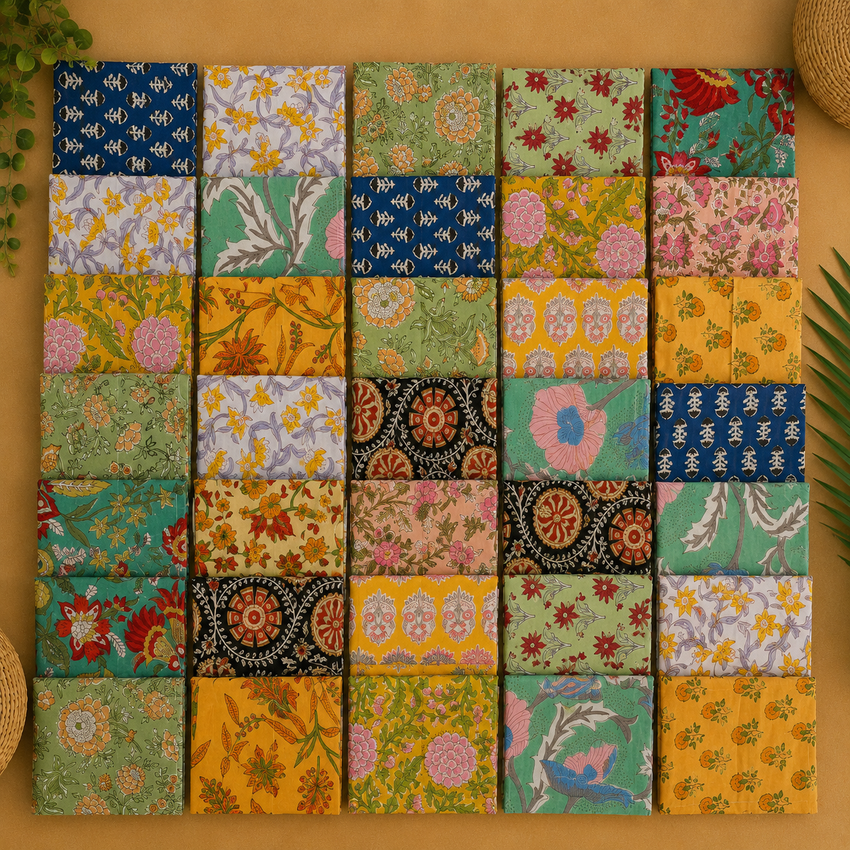Hand Block Printed Cotton Fabric Napkins, Indian Floral Cloth Napkins 20 Pcs,Reusable Dinner Napkins, Boho Table Decor, Mixed Assorted Set