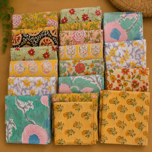 Hand Block Printed Cotton Fabric Napkins, Indian Floral Cloth Napkins 20 Pcs,Reusable Dinner Napkins, Boho Table Decor, Mixed Assorted Set