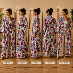 Women's Cream Cotton Bird & Floral Print Long Kimono Robe | Boho Lightweight Open Front Duster Cardigan with Belt & Pockets