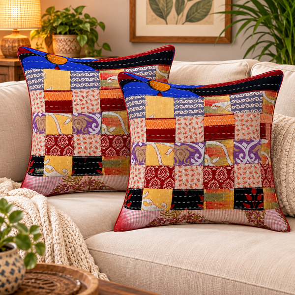 Set of 2 Pcs Assorted Vintage Kantha Patchwork Cushion Cover